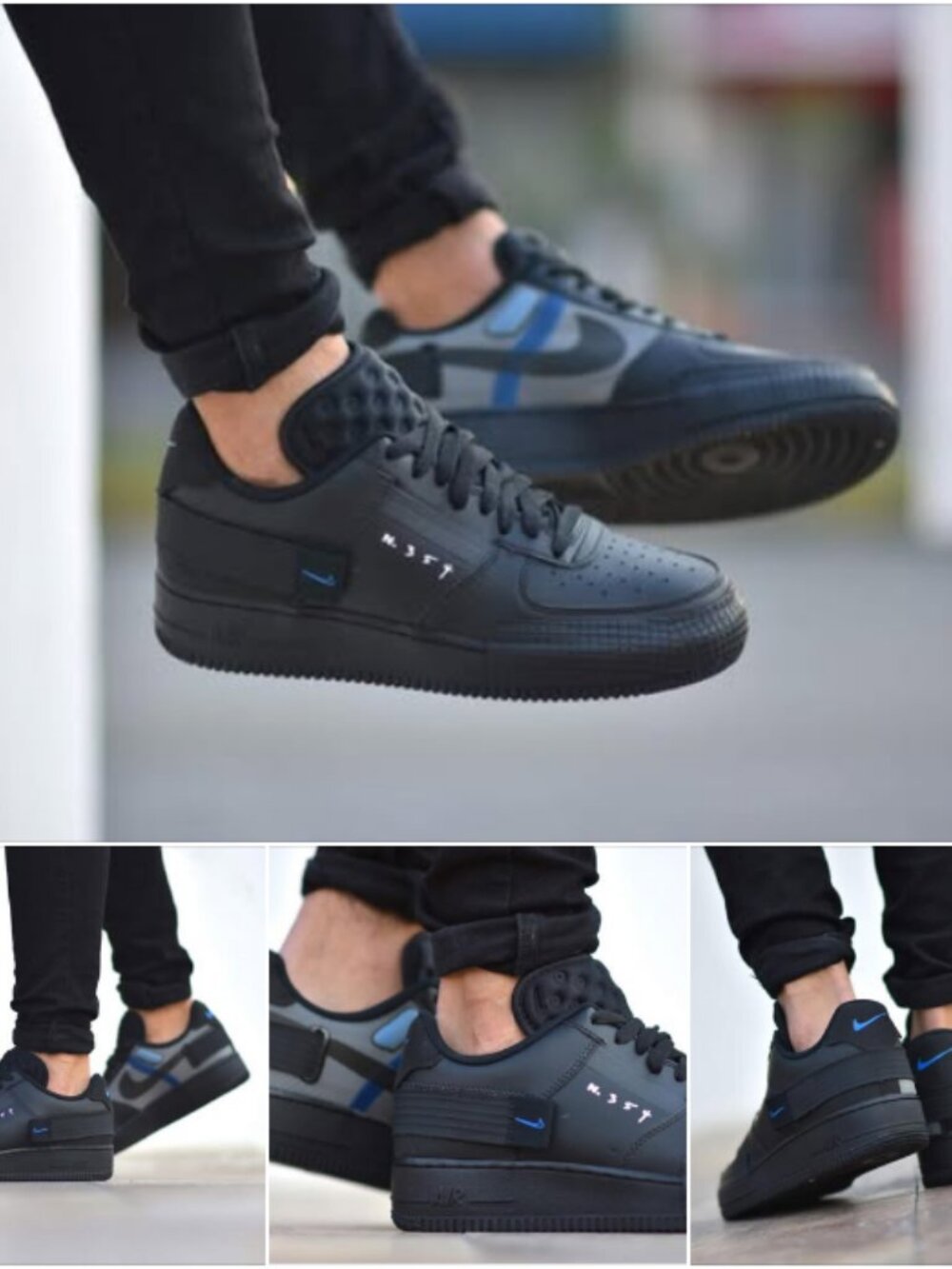 NIKE AF1-TYPE AIR FORCE 1 TYPE BLACK-PHOTO BLUE-PLATINUM TINT SZ 7 [AT7859-001]